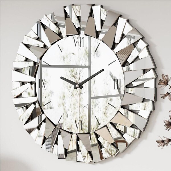 P&P Sunburst Mirrored Wall Clock Decorative Edge Beveled Frame fr Modern Home Dining