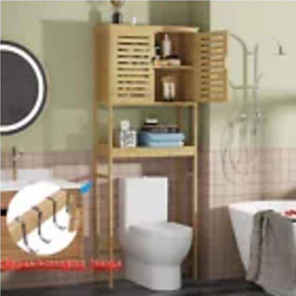 P&P Sturdy Bamboo Over The Toilet Cabinet Tall Bathroom Cabinet Organizer W Cupboard