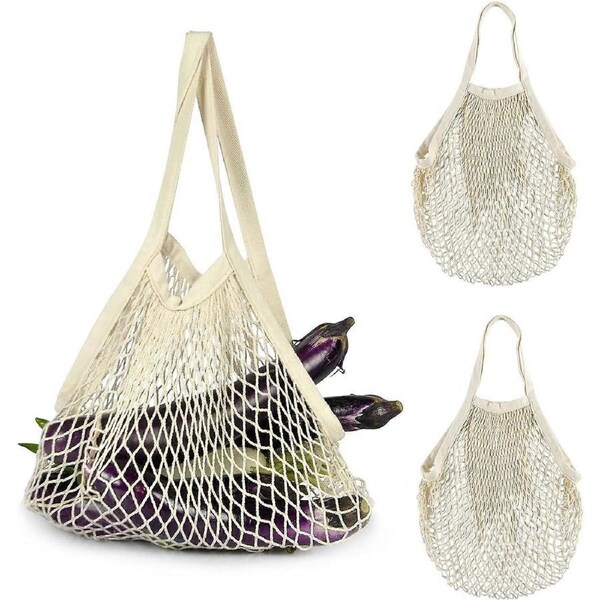 Reusable Grocery Mesh Bag, Portable And Washable Long Handle Cotton String Shopping Bag, Cotton Reusable Mesh Production Mesh Tote Bag Set For Fruit A