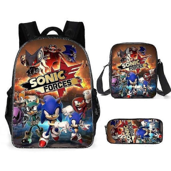 SONIC Sonic Schoolbag Three-Piece Set - Anime Cartoon Backpack, Shoulder Bag, and Pencil Case - Vibrant and Durable Set for Sonic FansJXLGV