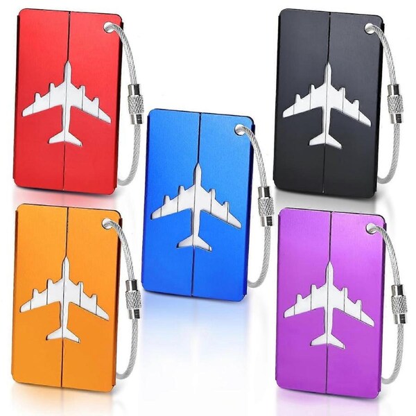 5 Pcs Luggage Tags, Luggage Labels for Suitcases with Steel Loop and Waterproof Name ID Card for Travel Bag, Checked Luggage-5 Colours