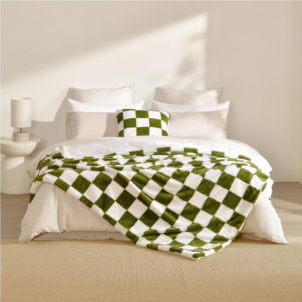 Dreamaker Checkered Plush Throw Blanket Olive & Cream - 180 x 200cm