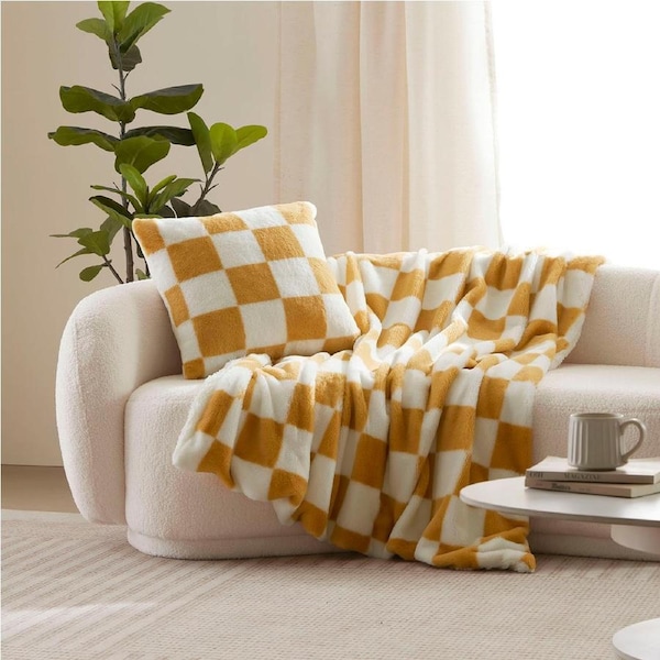 Dreamaker Checkered Plush Throw Blanket Chai & Cream - 130 x 170cm