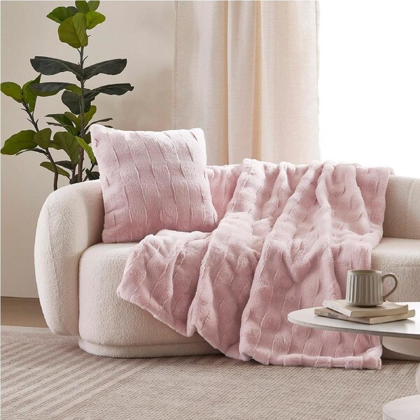 Dreamaker Basketweave Faux Fur Throw Blanket Blush Pink - 130x170cm