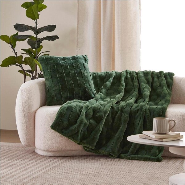 Dreamaker Basketweave Faux Fur Throw Blanket Olive - 130x170cm