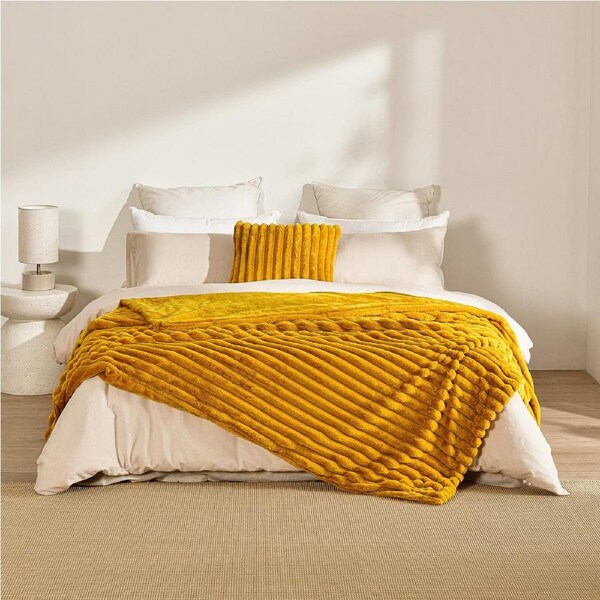 Dreamaker Chunky Embossed Fleece Throw Blanket Mustard Gold - 180 x 200cm