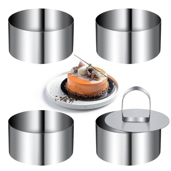 4 Pieces Mini Cake Ring Molds Stainless Steel Round Mousse Ring Set 8cm Diameter with Press Lifter Thickened Baking Tool
