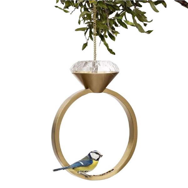 Garden Glory Diamond Ring Bird Feeder Hanging Outdoor Patio Decor 29cm Gold