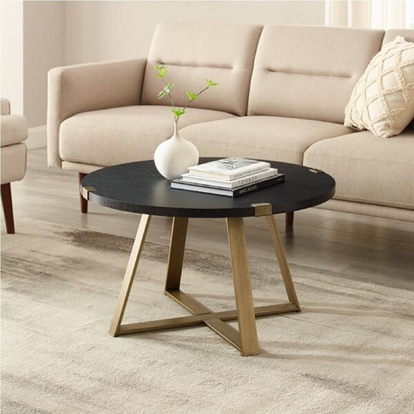 Criterion Capri Coffee Tables 770mm Round Table, Gold Metal Leg and Metal Highlights Black Oak