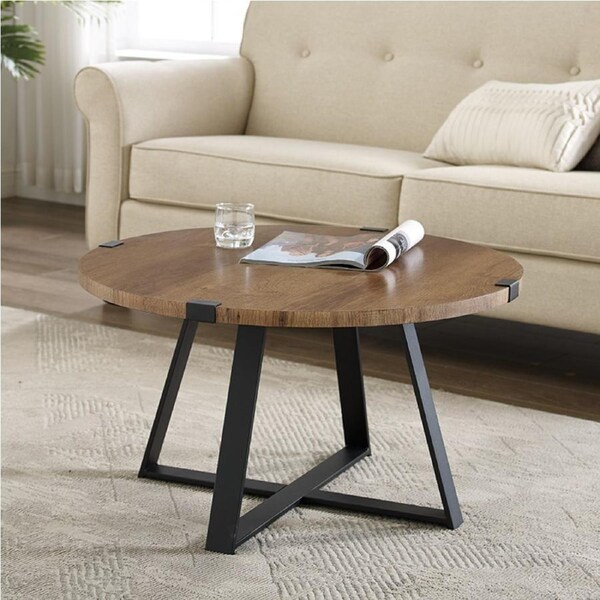 Criterion Capri Coffee Tables 770mm Round Table, Black Metal Leg and Metal Highlights Dark Oak
