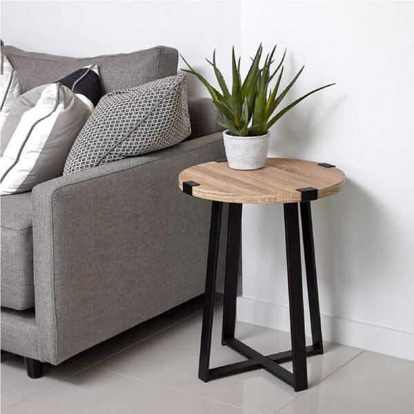 Criterion Capri End Table 445mm Round Table, Black Metal Leg and Metal Highlights Oak