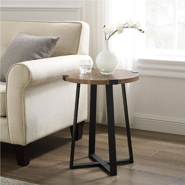 Criterion Capri End Table 445mm Round Table, Black Metal Leg and Metal Highlights Dark Oak