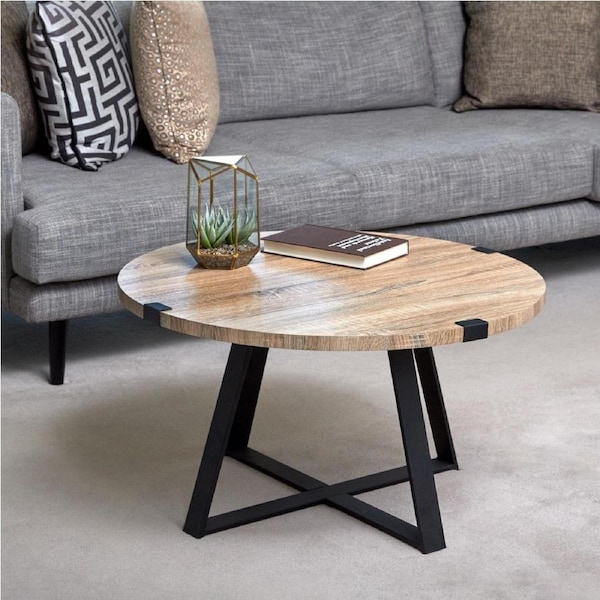 Criterion Capri Coffee Tables 770mm Round Table, Black Metal Leg and Metal Highlights Oak