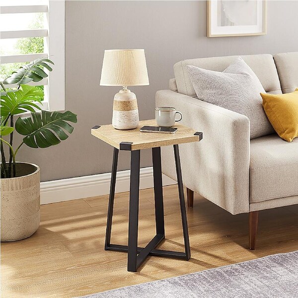 Criterion Capri Side Table 400mm Square Table, Black Metal Leg and Metal Highlights Oak