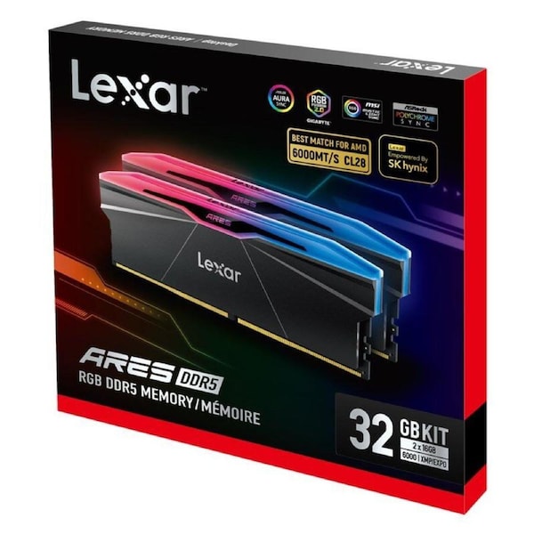 Lexar LD5U16G60C28BR-RGD ARES 2nd Gen U-DIMM DDR5 6000 32GB Kit (16GB*2), CL28, RGB Black, dual pack