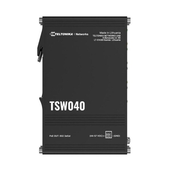 Teltonika TSW040 - 8-port PoE+ Switch (7-57 VDC, or 44-57 VDC for PoE-out) Integrated DIN Rail Bracket - 10/100 Mbps, supports auto MDI/MDIX crossover
