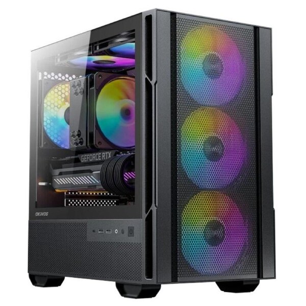 OKINO Cypres 3 ARGB Micro ATX Case, 4 × 120mm ARGB Non-PWM Case Fans Pre-Installed, MATX PC Case, Temper Glass Side Panel, with Type-C, Black