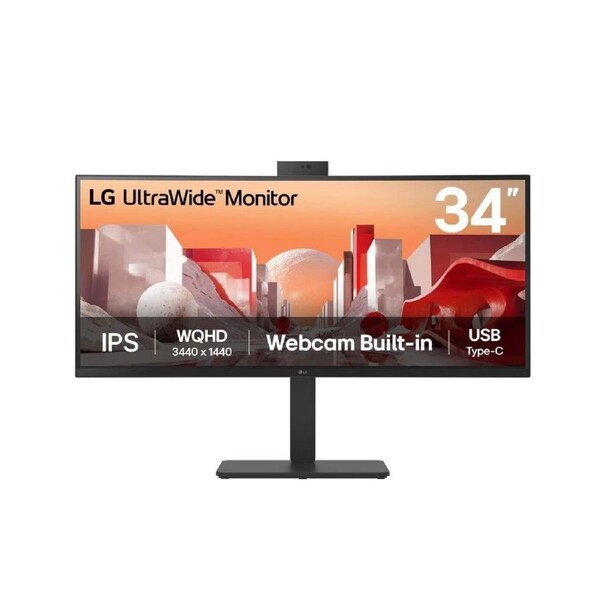 LG 34' UltraWide webcam WQHD (3440x1440) Curved IPS display with Built-in FHD webcam, USB Type-C (PD 90w) RJ 45, 2 x speakers Monitor