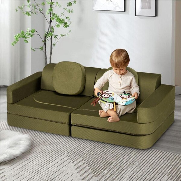 Playpals 12PCS Modular Kids Sofa Play Couch DIY Child Foam Playset Dark Green
