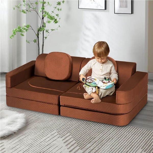 Playpals 12PCS Modular Kids Sofa Play Couch DIY Child Foam Playset Brown