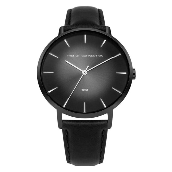 French Connection UK 43mm Silver Sunray Dial Black Leather Strap Watch
