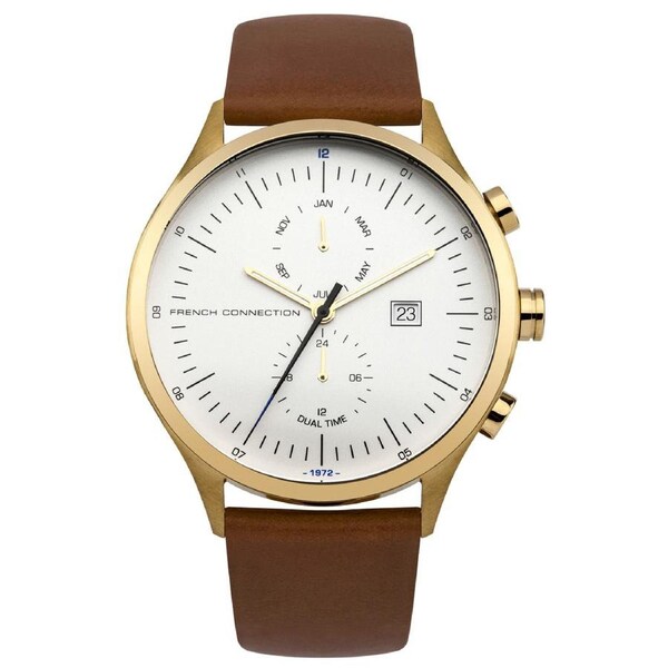 French Connection Kensington Grand 42mm White Dial Tan Leather Strap Watch