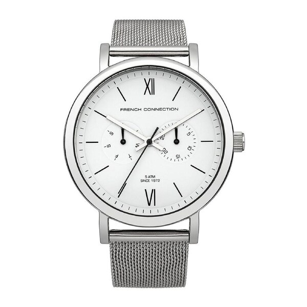 French Connection Gents 34mm White Dial Stainless Steel Mesh Strap Watch