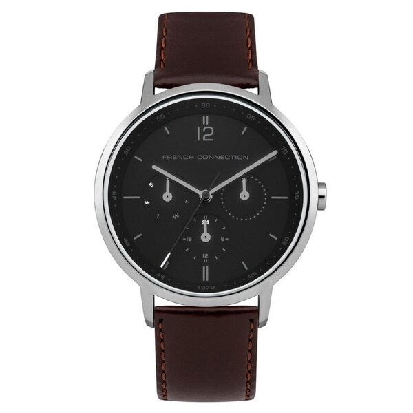 French Connection Newgate 39mm Black Dial Brown Leather Strap Watch