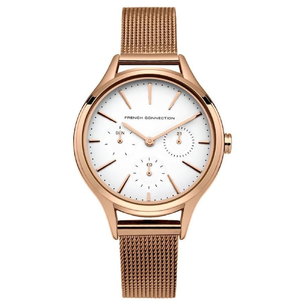 French Connection Daisy Grand 36mm White Dial Rose Gold Mesh Strap Watch