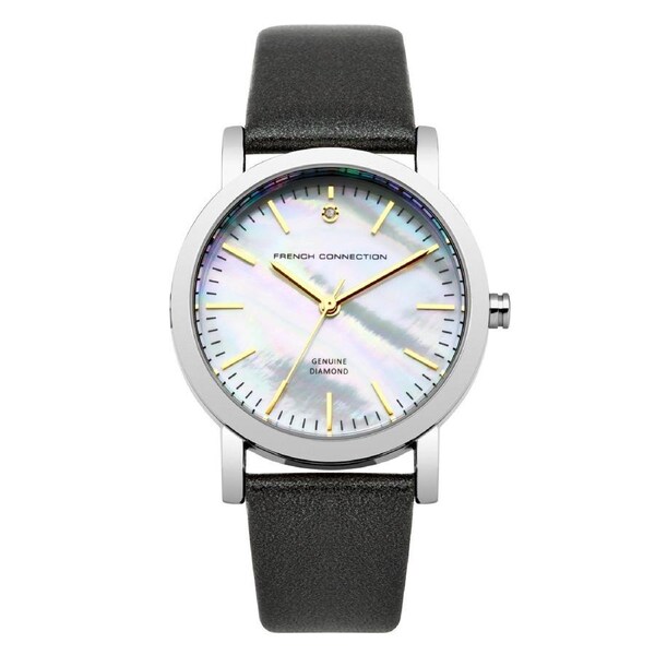 French Connection Catherine Diamond 34mm Mother of Pearl Dial Black Leather Strap Watch