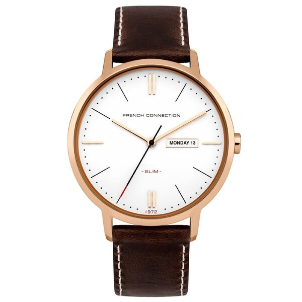 French Connection Newgate 39mm White Dial Brown Leather Strap Watch