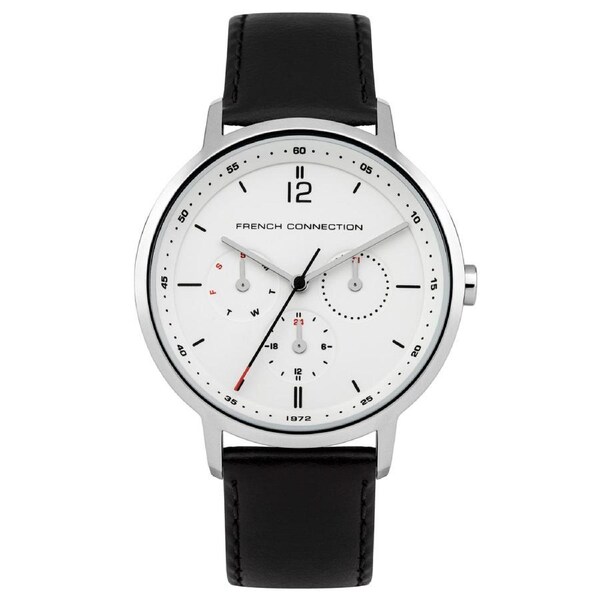 French Connection Gents 39mm White Dial Black Leather Strap Watch