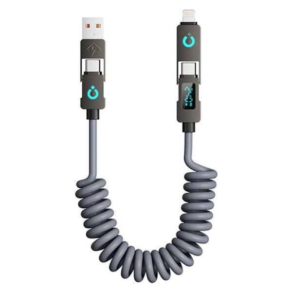 ZUSLAB 4-in-1 Coiled Charging Cable with Power Display 240W ? USB-C Fast Charging Cord for Laptop, Tablet, Phone ? 2M, Grey