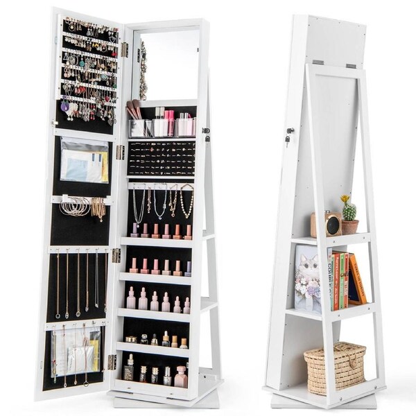 Giantex 360° Swivel Jewelry Armoire Standing Jewelry Organizer w/Full Length Mirror White