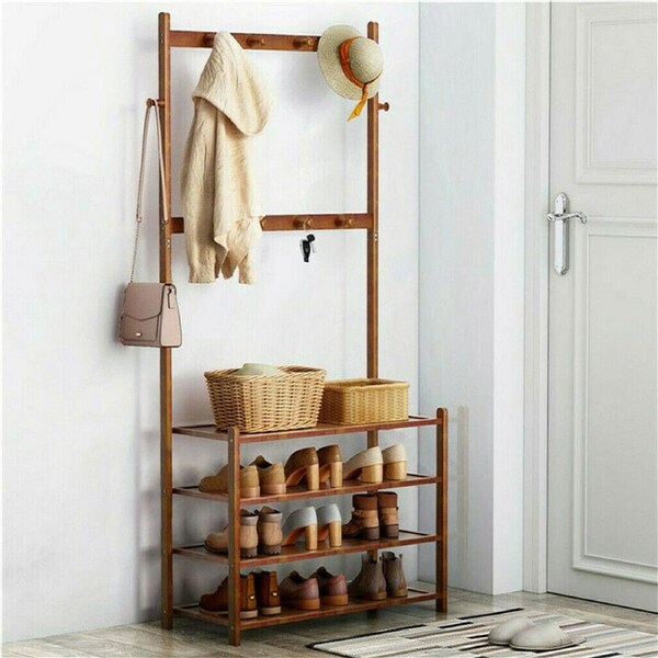 5 Tier Wooden Hat Coat Stand Shoe Rack with Hooks and Shelf