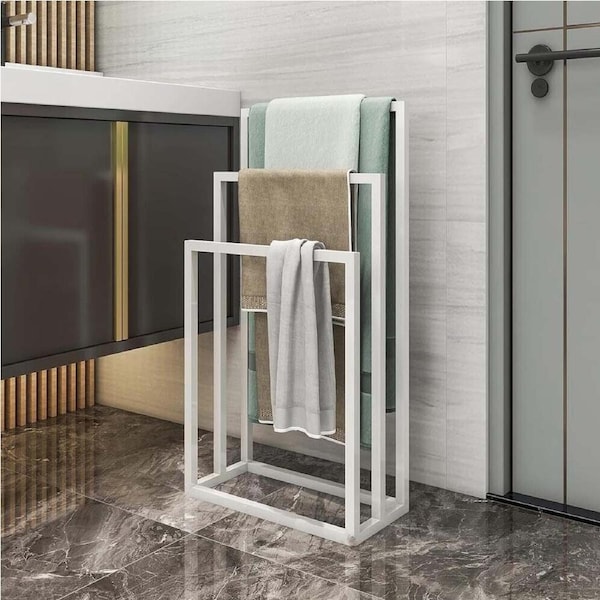 White Metal Towel Rack - 3 Bars Freestanding Drying Shelf Stand