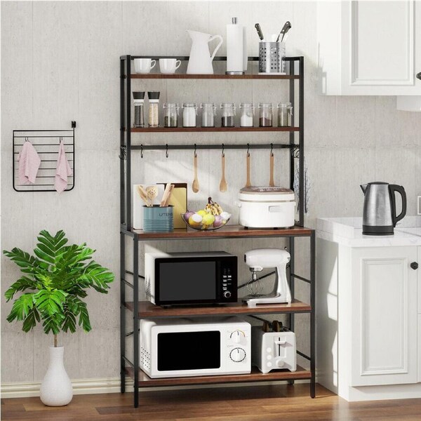 5Tier Kitchen Baker Rack Utility Storage Shelf Microwave Stand with 10 Hooks