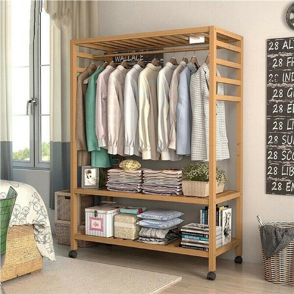 Solid Wood Clothing Rack with Rolling Cart - Hanging Garment Storage