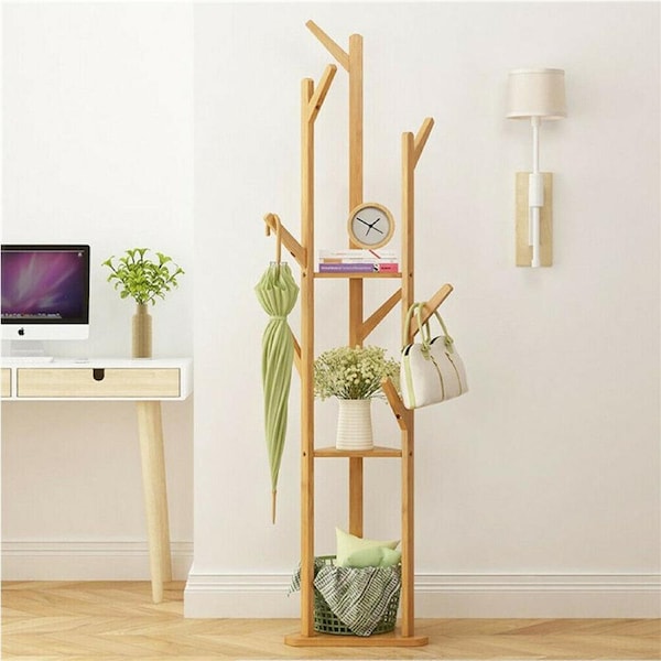 Solid Wood Floor Standing Hat Coat Jacket Hanger with Umbrella Rack Storage Stand
