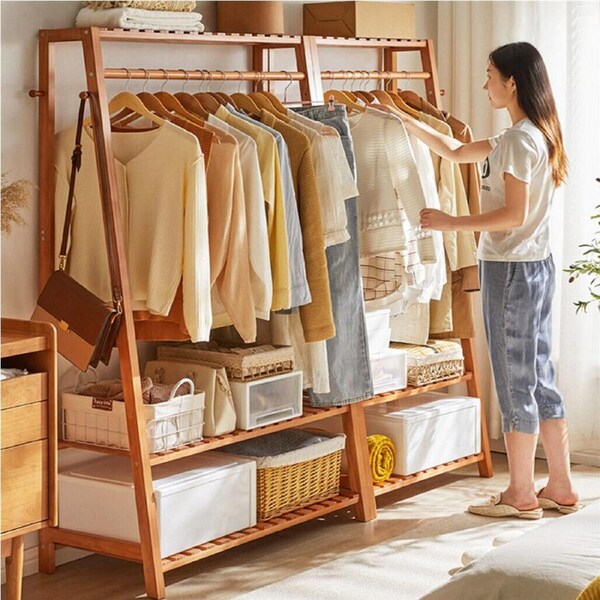Bamboo Clothes Hanging Garment Rack - Portable Laundry Storage