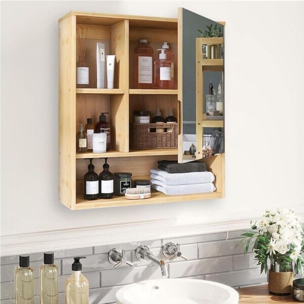 Natural Bamboo Bathroom Vanity with Open Storage Shelves and Mirror