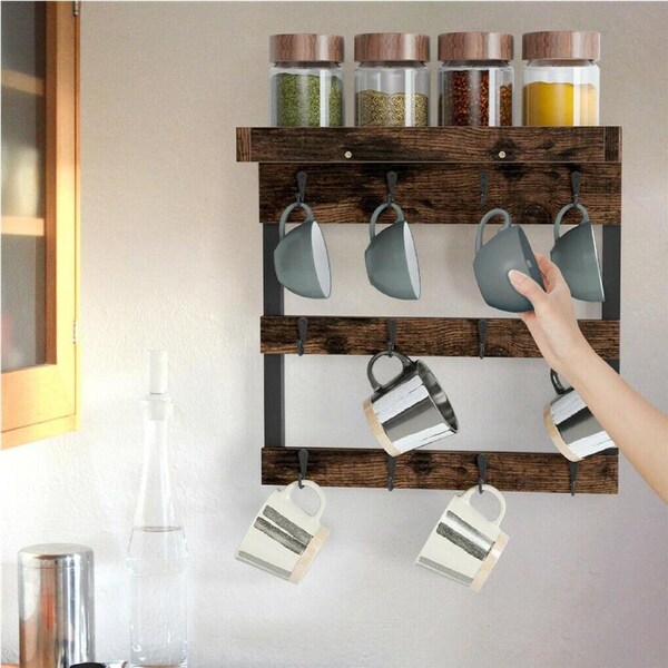 Wall Mounted Coffee Mug Rack Holder with 12 Hooks - Display and Storage Shelf