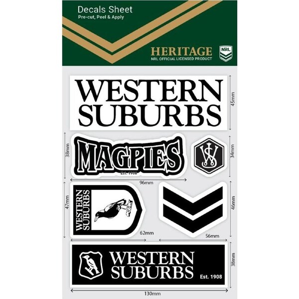 NRL Sticker Decal Sheet - Western Suburbs Magpies - Stickers Wordmark - Heritage