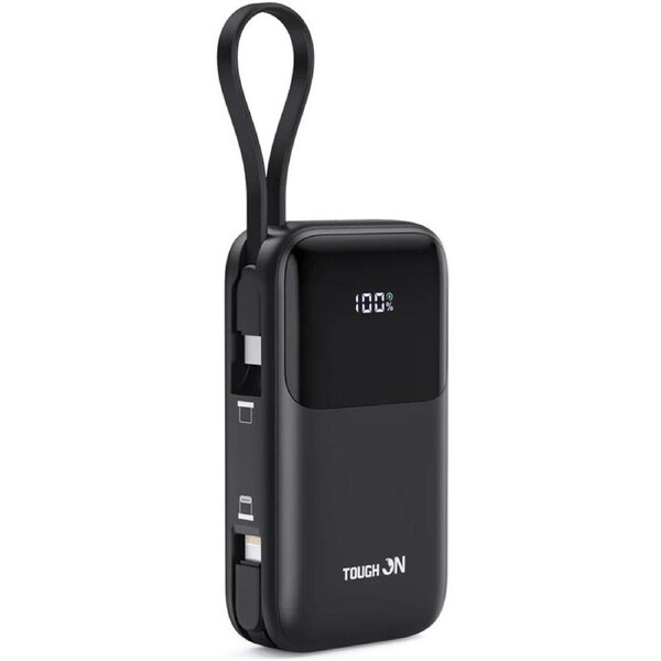 Tough On 20W 10000mAh Power Bank with Built-In Lightning and USB-C Cables - Black