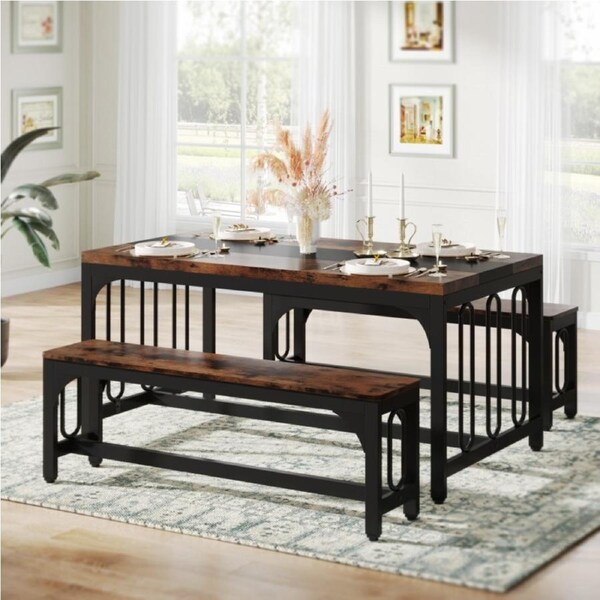 OAKORY 3-Piece Dining Table Set for 4, Farmhouse Kitchen Table with 2 Benches for Small Space Brown