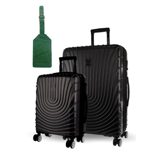 2pc Pierre Cardin Hard-Shell Suitcase Medium & Cabin Set Luggage Tag Black