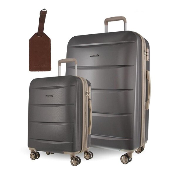 2pc Pierre Cardin Large Hard & Cabin Travel Luggage Set w/ Name Tag Graphite
