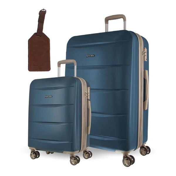 2pc Pierre Cardin Large Hard & Cabin Travel Luggage Set w/ Name Tag Blue