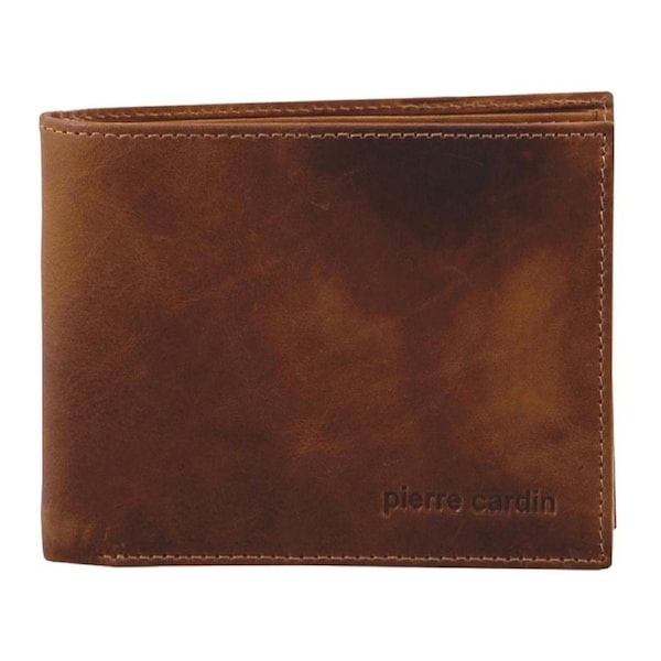 Pierre Cardin Men's Rustic Leather Tri-Fold RFID Protected Wallet Cognac
