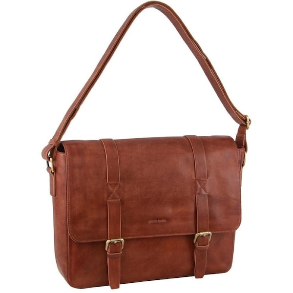 Pierre Cardin Men's Rustic Leather Laptop/Computer Satchel Travel Bag Cognac